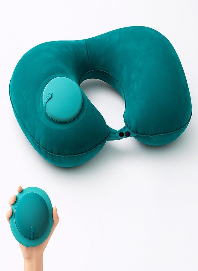 DRANZ Portable Inflatable Travel Neck Pillow with Press Button | Self-Inflating U-Shaped Air Cushion for Airplane, Car & Train | Soft Flocking Fabric Neck Rest for Comfortable Travel & Easy to Carry. - Image 1